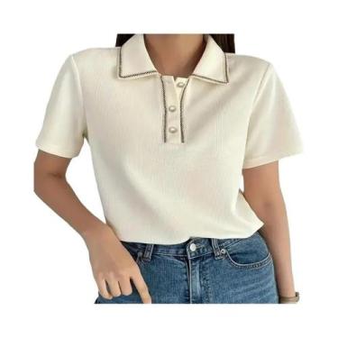 Imagem de Camisa Feminina De Cor Pura Com Botões E Manga Curta, Casual Para Escr