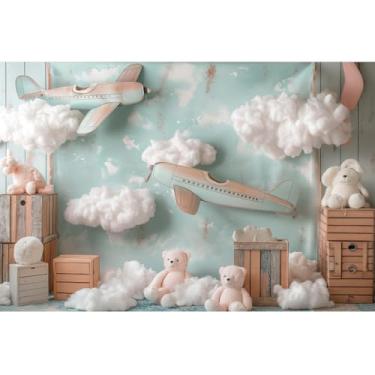 Imagem de YongFoto Pano de fundo de avião, céu nuvens, 1,5 x 0,9 m, passeio voador, urso, fotografia de fundo, aterrissagem em breve, chá de bebê, primeira viagem, faixa de festa de aniversário, retratos