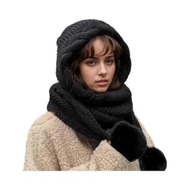Imagem de Conjunto De Gorro De Lã Térmico Feminino Com Pompom E Cachecol Integra
