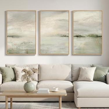Imagem de Arte de parede de paisagem abstrata verde sálvia emoldurada grande para sala de estar, 3 peças de impressão em tela moderna, pinturas de arte para paredes, imagens grandes para corredor, sala de