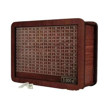 Imagem de Cofrinho De Madeira Artesanal Reutilizável Com Meta De Poupança E Rast