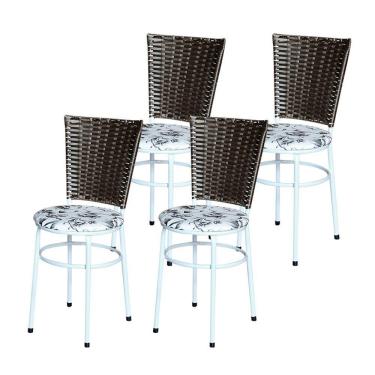 Imagem de 4 Cadeiras Para Mesa Branca Hawai Marrom Assento Floral Branco