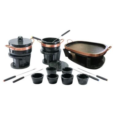 Imagem de Kit Fondue Pedra Sabão Completo 18 Pçs Com Churrasqueira Oval Funda 40 Cm