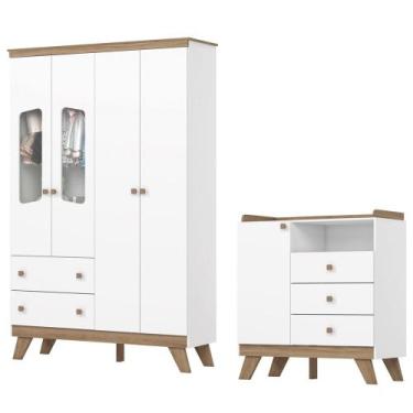 Imagem de Guarda Roupa 4 Portas e Comoda 3 gavetas Confete Branco Jequitiba HP H