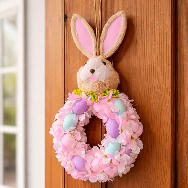 Imagem de Pendente Coelho Páscoa Guirlanda Enfeite Flores Ovos De 50cm