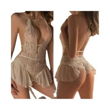 Imagem de Body Transparente Azul Com Renda E Decote Em V, Lingerie De Uma Peça P