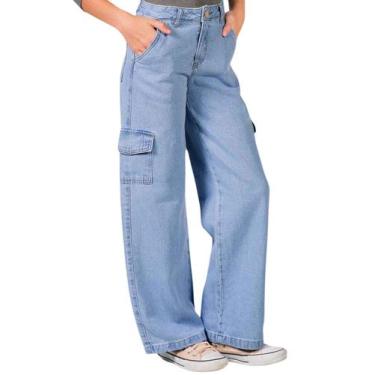 Imagem de Calça Jeans Feminina Wide Leg Cargo Infantil Juvenil Tecido Premium - 