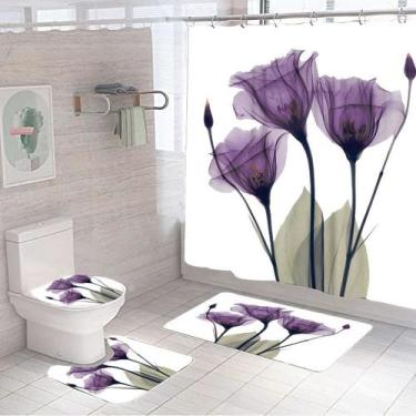 Imagem de Conjunto de banheiro: cortina de chuveiro, roxa, abstrata, floral, imp