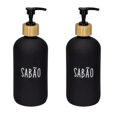 Imagem de Kit 2 Dispenser Porta Sabonete Liquido De Vidro Bambu 500ml - Haüskraf