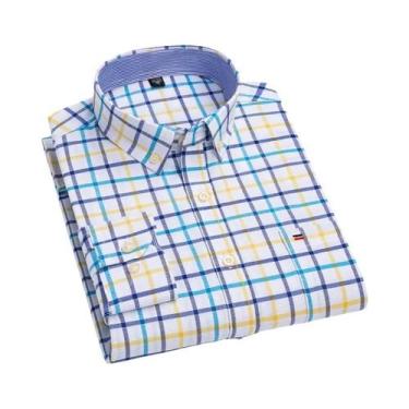 Imagem de Camisa Casual De Negócios Masculina 100% Algodão Oxford Xadrez De Mang