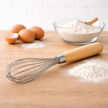 Imagem de Batedor Fouet Inox Cabo Madeira 25cm Manual Cozinha Profissional Ovos 