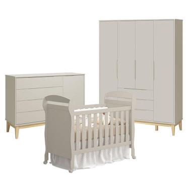 Imagem de Quarto De Bebê 4 Portas Com Cômoda Com Porta Elfe Classic E Berço Americano Danny Areia Acetinado Natural - Reller