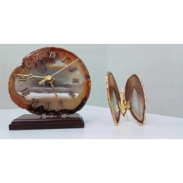 Imagem de Relógio De Mesa Em Ágata Natural Âmbar 13 Cm E Borboleta - GOODS PR