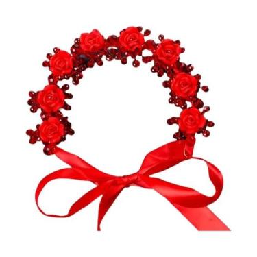 Imagem de Tiara De Flor De Cristal Vermelho Com Strass E Pérolas, Acessório De C