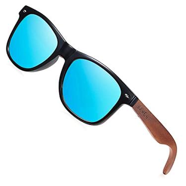 Imagem de Óculos de sol polarizados BARCUR para homens e mulheres com caixa de madeira e óculos de sol de nogueira preta, Sky Blue, 145mm