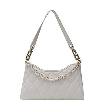 Imagem de Bolsa de ombro feminina de couro acolchoado com corrente, bolsa elegante para axilas, Branco