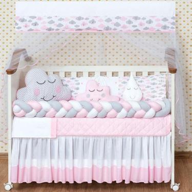 Imagem de Kit Protetor Berço Nuvem Trança Menina Rosa 11 Peças
