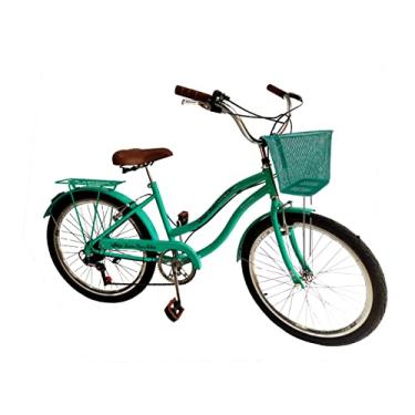 Imagem de Bicicleta aro 24 passeio urbana 6v com cesta de metal verde