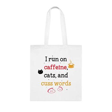Imagem de Sacola I Run On Caffeine Cats And Cuss Words, presente divertido, bolsa de ombro, bolsas reutilizáveis, cesta de Natal de aniversário, ideia de presente, Branco