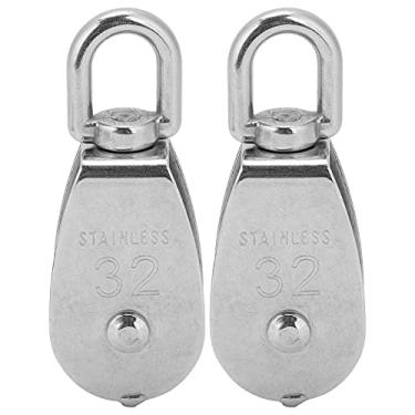 Imagem de 2 peças bloco de polia único, corda de aço inoxidável bloco de polia de guindaste fio pendurado roda de corda de reboque com anel giratório de 360° ferramentas de alpinismo