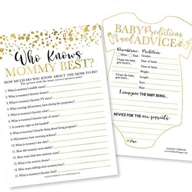 Imagem de Hadley Designs Gold Baby Shower Games Gênero Neutro - 2 jogos dupla face, 25 Who Knows Mommy Best Baby Shower Game To Play, 25 cartas de previsão e conselhos de bebê, jogos de revelação de gênero para