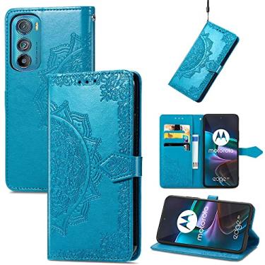 Imagem de Capas de telefone Relief Mandala compatíveis com Motorola Edge 30 Edge30 Capa de couro luxo com slots magnéticos para cartão carteira com clipe à prova de choque (azul, Motorola Edge 30)
