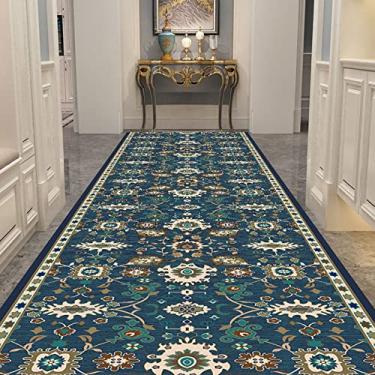 Imagem de Tapetes de corredor de hotel corredores 5 10 12 16 20 pés antiderrapante, tapete de chão clássico/corredor de carpete com flores douradas, tapete de área retangular azul capacho sem pilha para interior (tamanho: 2,6 x 6 pés/80 x 185 cm)