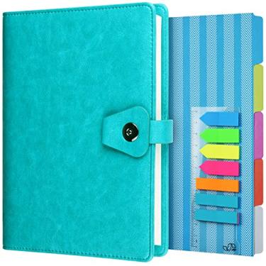 Imagem de A5 caderno de anotações, organizador de 6 anéis, organizador de anotações de couro para negócios, agenda com pauta de capa dura pautada com página divisória e adesivos para índices - azul