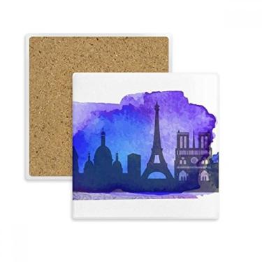 Imagem de Porta-copos quadrado de aquarela azul da Torre Eiffel da França Paris suporte de subplaca pedra isolante
