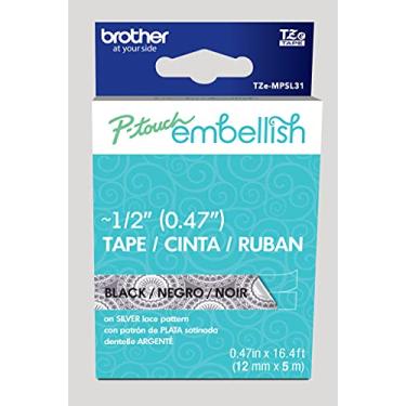 Imagem de Brother P-touch Embellish Black Print on Silver Lace Patterned Tape TZEMPSL31 – ~ ½" de largura x 13,1' de comprimento para uso com P-touch Embellish Ribbon & Tape Printer