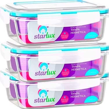 Imagem de 3 Pote De Vidro Retangular Hermétco Com Tampa Tapoer 1040ml Freezer Forno Starlux Código SKU: 2 potes 1040 ml