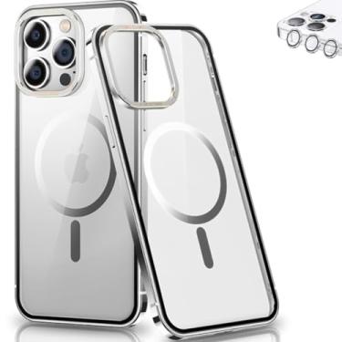Imagem de Capa Case Bumper Bamper Para iPhone 14 Pro Max Transparente Acrílico Compatível com Carregamento Magnético Slim Anti Impacto Com Películas Para Lente de Câmera (Prateado)