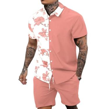 Imagem de OYOANGLE Conjunto masculino de camisa e shorts havaianos tropicais de 2 peças, Rosa coral, GG
