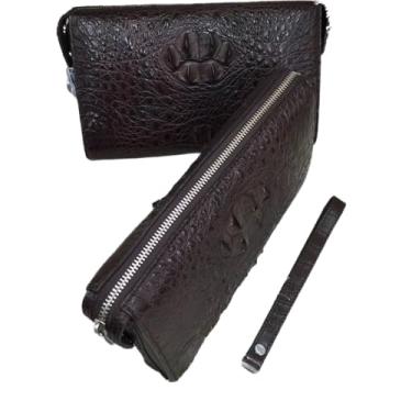 Imagem de Bolsa de mão masculina autêntica de couro de jacaré genuína, couro de jacaré, bolsa de pulso masculina, porta-cartões, Marrom, 24cm(Length) x 15cm(Height) x 6cm(Deep)