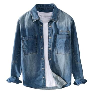 Imagem de Camisa jeans masculina, manga comprida, cor lisa, bolsos frontais, gola aberta, caimento solto, Azul-escuro, G