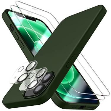 Imagem de Dssairo 5 em 1 para iPhone 12 Mini capa 5.4, com 2 protetores de tela + 2 protetores de lente de câmera, capa protetora fina de silicone líquido à prova de choque [forro de microfibra] (verde escuro)..