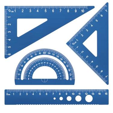 Imagem de Honagu Conjunto de régua triangular, 4 peças de régua de liga de alumínio, régua de desenho de metal, transferidor geométrico para estudantes, desenhistas, engenheiros, material de escritório escolar