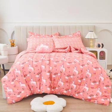 Imagem de Mooreeke Jogo de lençol casal para meninas e crianças, 8 peças, rosa, unicórnio, arco-íris, conjunto de lençol com fronhas e travesseiro decorativo, microfibra ultramacia