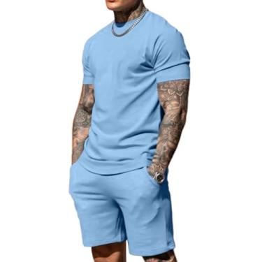 Imagem de Uni Clau Conjunto masculino de 2 peças, casual, camisa e shorts, roupas de verão e praia, agasalhos de treino, Azul-claro, GG