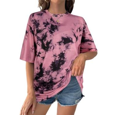 Imagem de SOFIA'S CHOICE Camisetas femininas grandes tie dye gola redonda manga curta casual verão, Preto, rosa, P