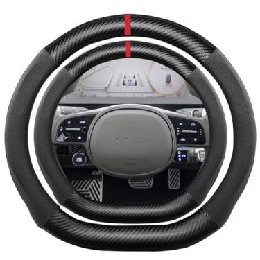 Imagem de K LAKEY Capa de volante de fibra de carbono em camurça em forma de D, compatível com Ioniq Santa Fe Sonata Tucson 38 cm fundo plano macio camurça toque couro esportivo antiderrapante acessórios