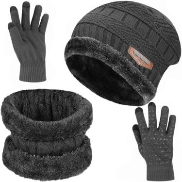 Imagem de Conjunto de 3 Peças Luvas Gorro Cachecol Masculinas Touca Inverno Masculina Quente com Caveira, Cinza, Um tamanho, Elástico