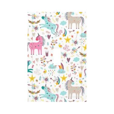 Imagem de Unicórnio colorido arco-íris crianças menina único interruptor de interruptor de luz decorativa 1 gangue placa de parede dispositivo elétrico placa frontal decoração de fazenda