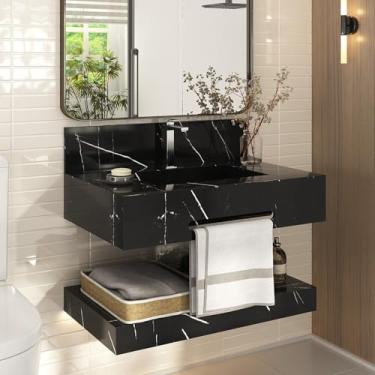 Imagem de Bancada de Porcelanato para Banheiro com Toalheiro e Cuba Esculpida 70cm Ripy Preto