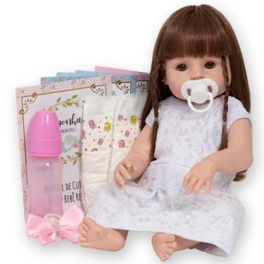 Imagem de Bebe Tipo Reborn Menina Gatinha Vestido Branco + Acessórios - Cegonha 