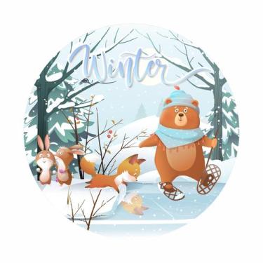 Imagem de Painel de Lona Redondo Animais na Neve Brincadeiras no Inverno - Fabri