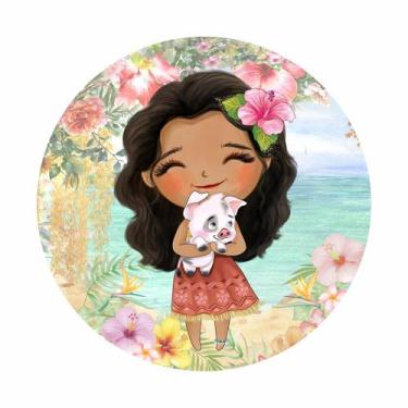 Imagem de Painel de Lona Redondo Moana e Porquinho Praia Flores Tropicais Aquare