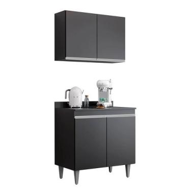 Imagem de Kit Balcão Ellen e Aéreo Isis 80cm C/ Tampo Preto - Vallisa Decor