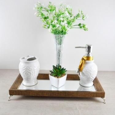 Imagem de Bandeja Espelhada Lavabo Banheiro "SLIN" madeira DOURADA 12x32x4cm pés