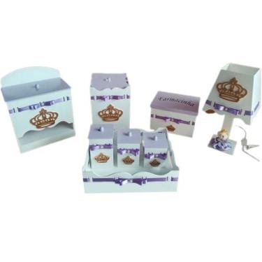 Imagem de kit higiene bebe 08 peças passa fitas em mdf pintado Branco com lilás 